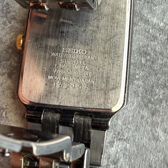 Vintage Seiko Watch Two Tone Black Dial Date Rectangle V739-5B19 *Needs Battery* - Picture 5 of 5